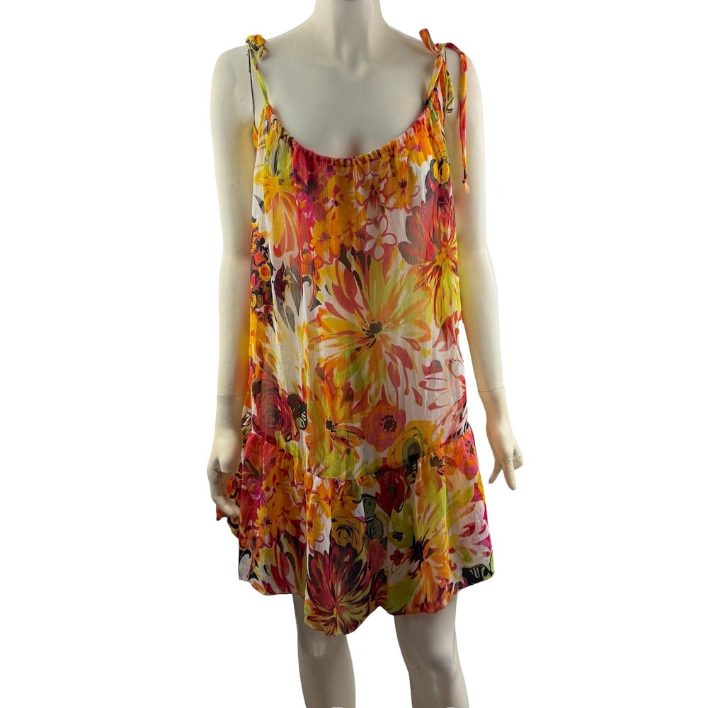 Floral Swim Coverup Mini Dress Large Flowy Ruffle Tier Strappy Semi Sheer Beach